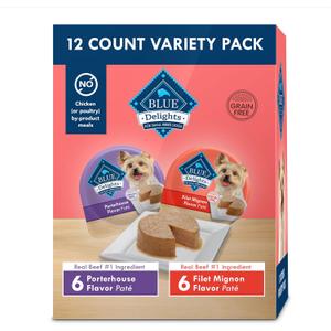 Blue Buffalo Delights Natural Adult Small Breed Wet Dog Food Variety Pack, Made with Natural Ingredients, Filet Mignon Flavor Pat & Porterhouse Flavor Pat, 3.5-oz. Cups (12 Count, 6 of Each), Best By: FEB/17/2026