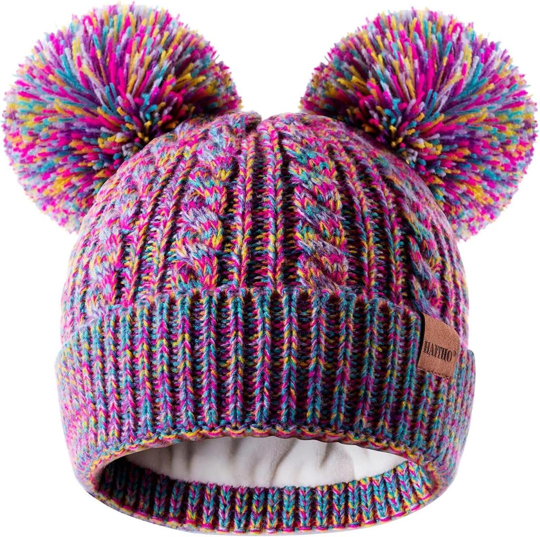 HAITHO Winter Hat for Kids Toddler Children, Girls Beanie with Double Pom Pom Warm Fleece Lined, Girls Accessories Knit Cap (Multicolor)