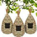Gute Hummingbird Houses for Outside Hanging, Natural Grass Hanging Bird Hut, Hand Woven Bird Nest, Large Wren Finch Bird House for Garden Window Outdoor Home Decoration, 3 Pack (Water Drop Shape)
