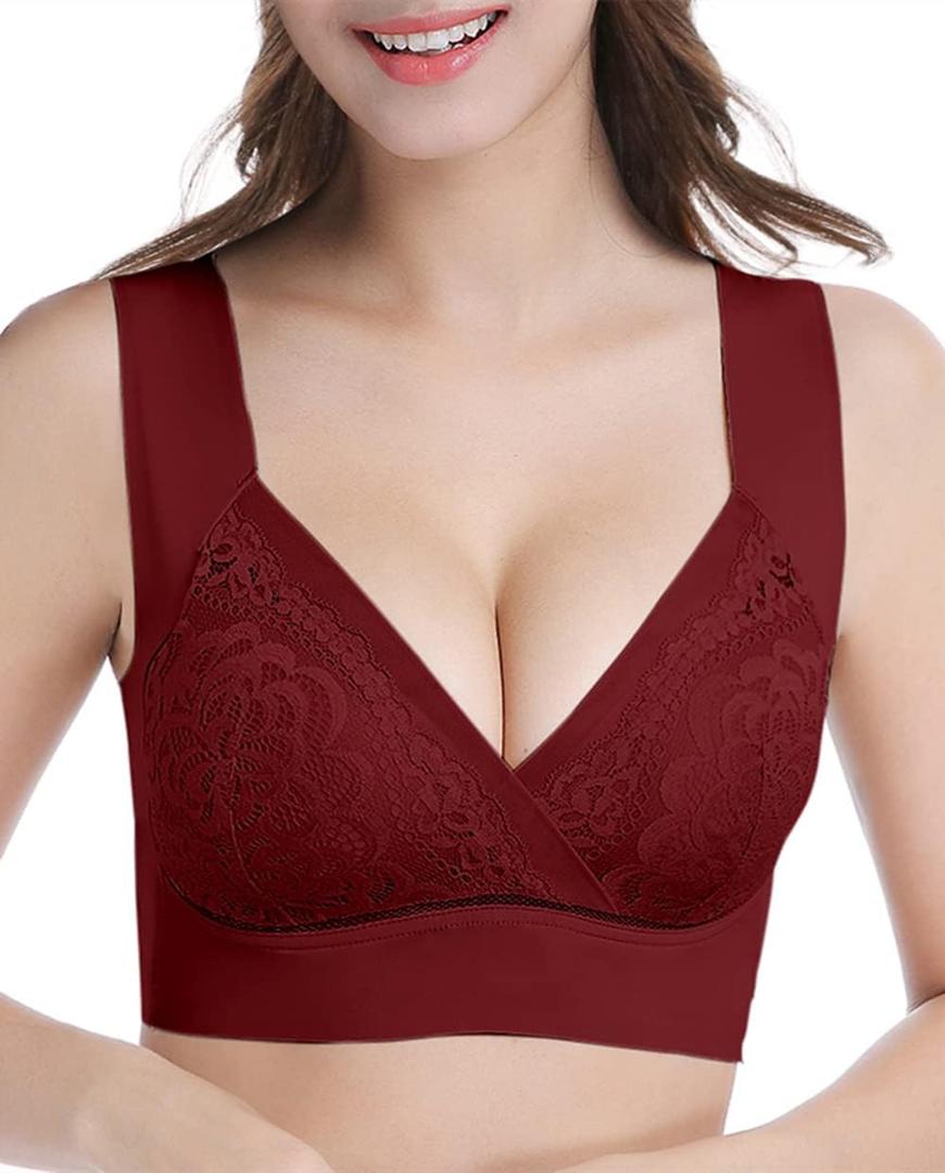 WOWENY Seamless Lace Mesh Bralettes Back Smoothing Bra Comfortable Wirefree Plus Size Everyday Bras for Women (Red, S)