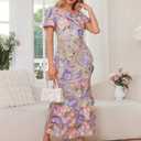 NeeMee Women's 3D Floral Embroidery Dress Ruffle Sleeve Fishtail Lace Bodycon Party Cocktail Mini Dress(Purple-XL)