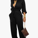 SxClub Black Jumpsuits for Women Dressy Sexy Elegant Long Sleeve Long Straight Pants Rompers Busineess with Pockets Button (Large)