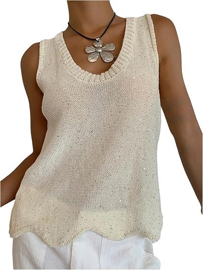 MakeMeChic Women's Sequin Vest Tank Top Sleeveless Crew Neck Summer Y2K Knit Tops Apricot Medium