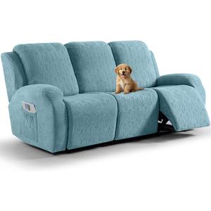 VANSOFY Recliner Couch Cover, 8-Pieces Stretch Recliner Sofa Cover Soft Jacquard Reclining Slipcover Furniture Protector with Elastic Bottom for Kid, Pets(3 Seat,Light Blue)