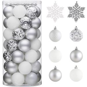 Valery Madelyn Christmas Tree Decorations Ornament Set, 50ct 2.36 Inches White and Silver Shatterproof Christmas Ball Ornaments Hanging Xmas Holiday Party Decor (Large)