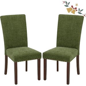 Parsons Dining Chairs Set of 2  Upholstered Nailhead Dining Room Kitchen Side Chair with Thick Cushions and Wood Legs, Green