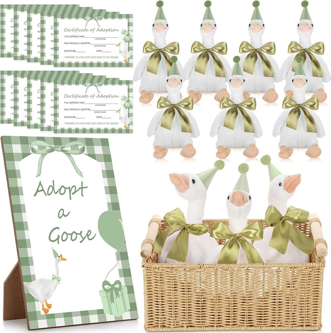 One Silly Goose Birthday Decoration 10 Sets 12 Inch Soft Goose Stuffed Animal Hat Adoption Cards with Wood Table Decor Adopt Birthday Gifts(Green)
