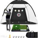 Golf Net: 10x7ft Golf Hitting Practice Net for Indoor & Outdoor Use with Heavy-Duty Base Dual-Turf Mat, Chipping Swing Training Mult-Target Nets for Backyard Driving, Gifts for Men Dad Husband Golfers