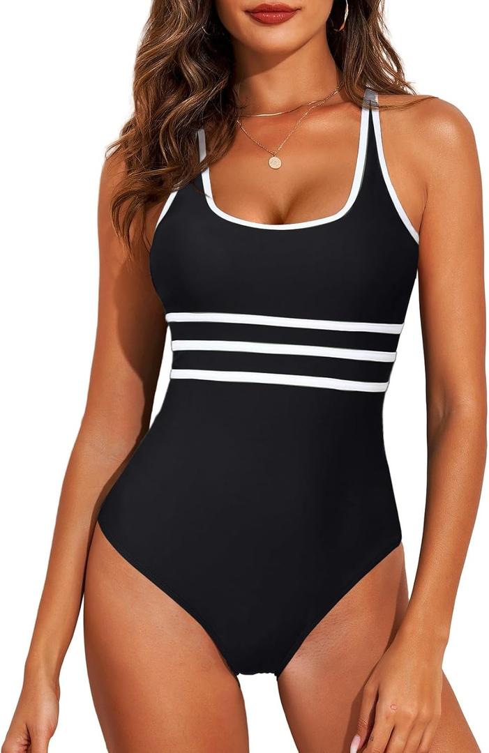 Aleumdr Women's Color Block One Piece Athletic Swimsuit Sports Tummy Control Cheeky High Cut Bathing Suits (Black), Size: XL