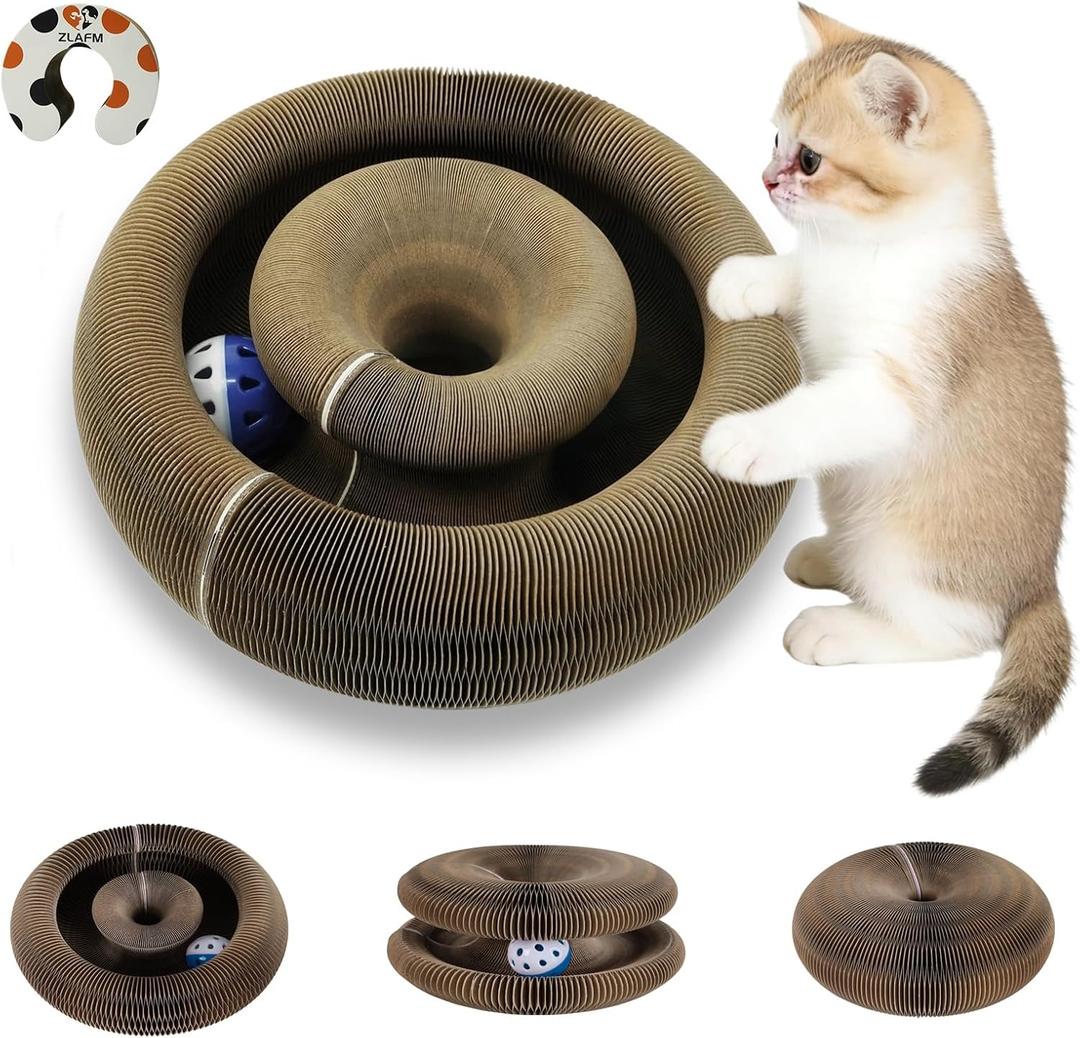 Magic Organ Cat Scratcher Toy, Foldable & Reversible Accordion Kitty Toy with Bell Ball, Interactive Cardboard Scratching Board Scratcher Pad for Indoor Cats (1 Pack)