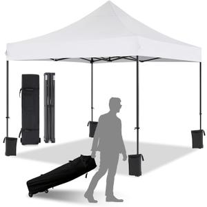 10x10 Pop Up Canopy with Wheeled Bag, Commercial Portable Canopy Tent, Easy Set Up, 4 Stakes & 4Sandbags & 4 Ropes, Waterproof Outdoor Shelter for Market, Parties, White