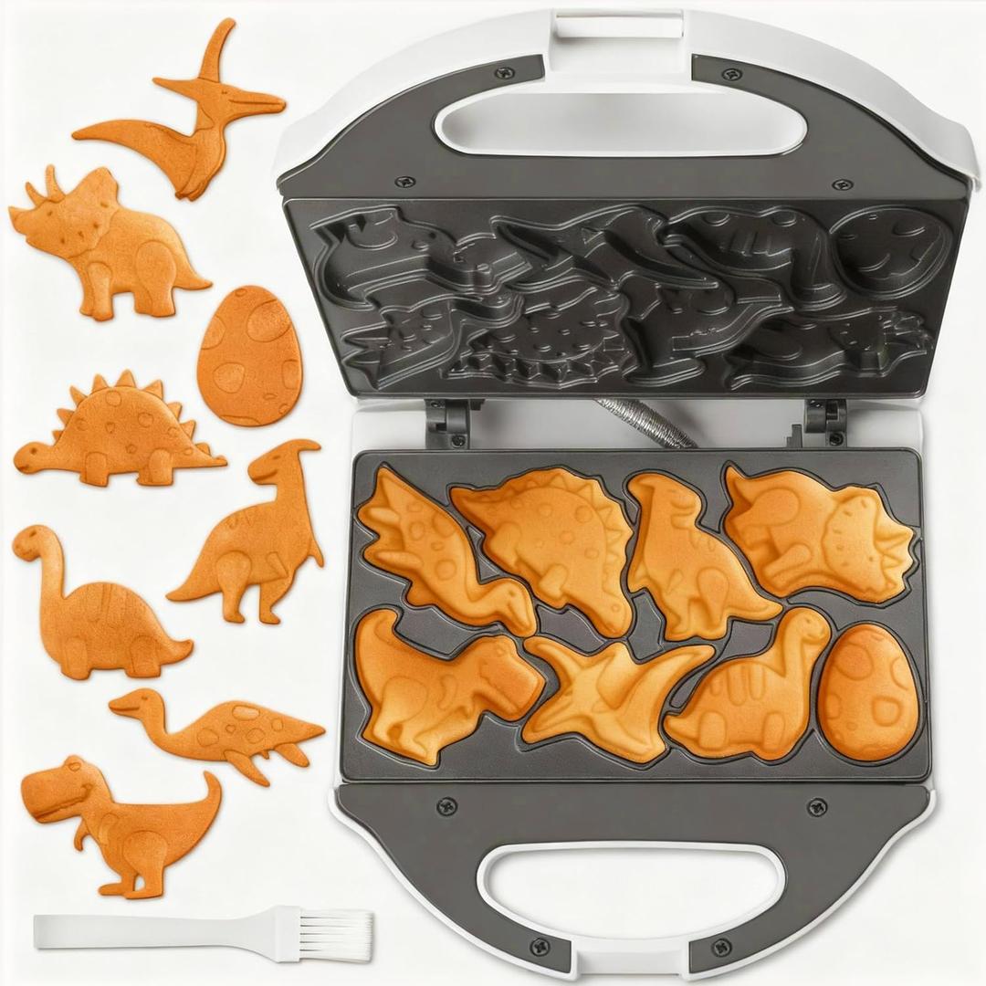 Dinosaur Mini Waffle Maker for Kids, Mini Pancake Maker Machine for Halloween, 8 Different Shaped Dinos in Minutes, Electric Non-Stick Waffle Iron, White