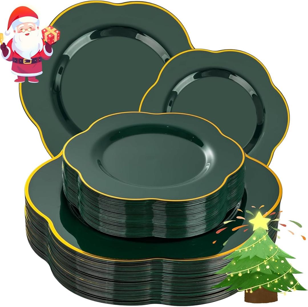 Liacere 50PCS Green Plastic Plates - Heavy Duty Disposable Plate-Green and Gold Include 25PCS Dinner Plate, 25PCS Dessert Plates for Easter&Baby Shower Gifts & Chrismas &Christmas
