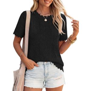 ZESICA Women's Summer Crochet Eyelet Short Sleeve Sweater Tops (M)