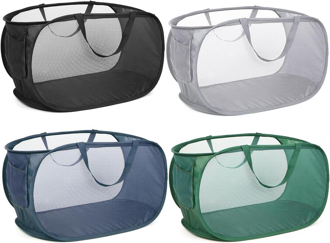 4 Pack Durable Collapsible Laundry Baskets, Mesh Foldable Laundry Basket, Pop Up Laundry Hamper with Pocket, Clothes Hamper with Reinforced Handles for Laundry, Bathroom, Kids Room, Dorm or Travel (Gray+Black+Navy+Green)
