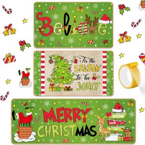 3 Pcs Christmas Kitchen Rug and Mat Washable Lime Green Kitchen Floor Mat Non Slip Doormat Waterproof Rugs and Mats Farmhouse Holiday Decor for Home Floor Office Bathroom Party Decor