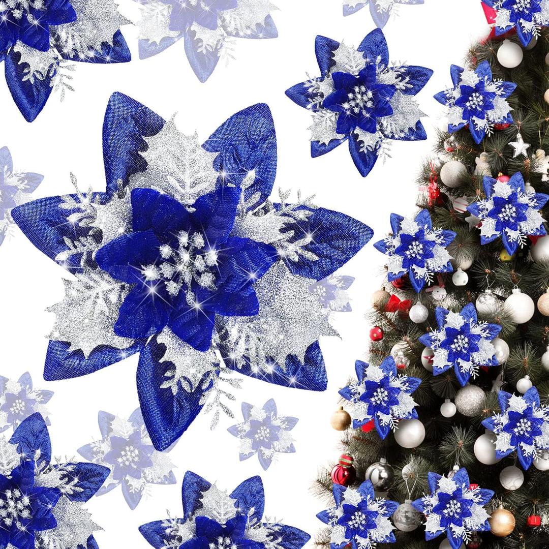 Geosar 36 Pieces Glitter Christmas Poinsettia Artificial Xmas Flower Ornaments Flowers Decorations with Clips and Stem Glitter Poinsettia Christmas Tree Ornaments for Xmas Wedding (Royal Blue)