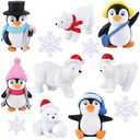 FEPITO 12 Pcs Winter Resin Penguin Polar Bear Snowflakes Miniature Figurine Mini Christmas Figures for DIY Garden Home Decor Christmas Ornaments
