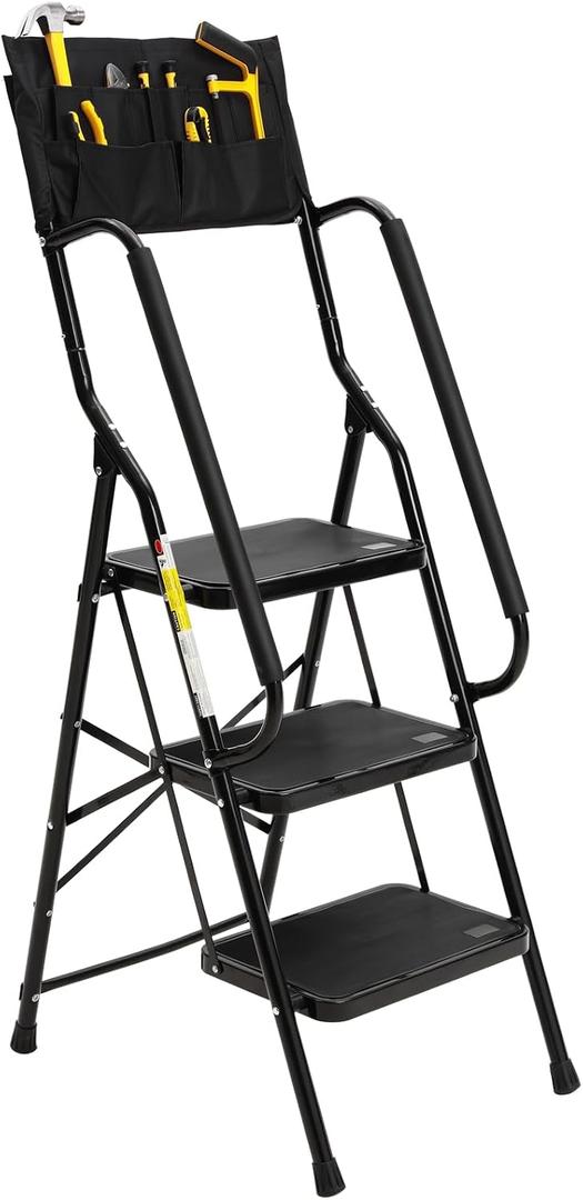 BOCOM 3 Step Ladder, Lightweight Portable Folding Sturdy Iron Step Stool with Handrails, Attachable Tool Bag, Anti-Slip Wide Pedal, Heavy Duty 350 lbs Capacity, for Home, Kitchen, Pantry, Office