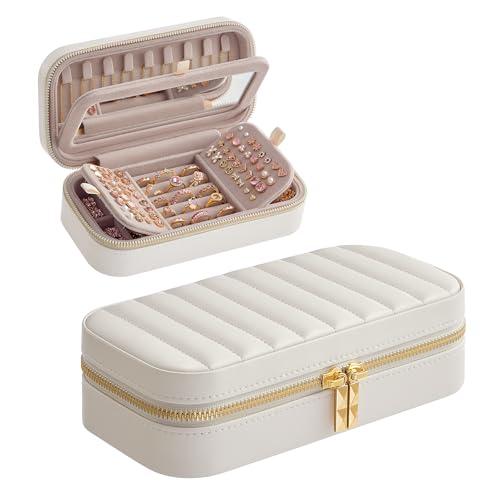 SONGMICS HOME Travel Jewelry Case, Travel Jewelry Box Organizer with Mirror, 4.1 x 8 x 2.4 Inches, Stitching, Portable, Gift Idea, Cloud White UJBC180W01