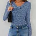 ZESICA Women's Long Sleeve Floral Tops Cowl Neck Slim Fit Going Out Shirts 2026 Spring Fashion Outfits Clothes Dusty Blue Medium