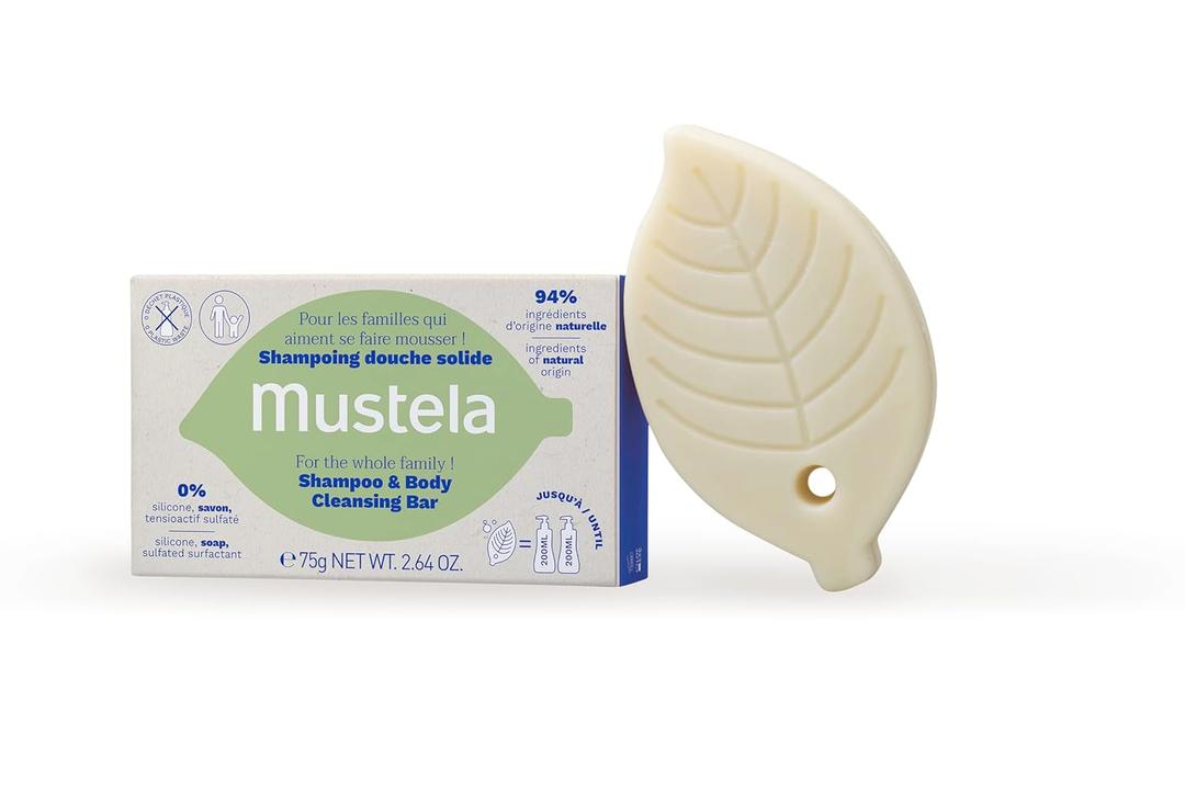 2 x Mustela Solid Shampoo & Body Cleansing Bar for Baby, Kid & Adult - with Avocado Oil & Olive Oil - Fragrance-Free, Plastic-Free, Vegan & Biodegradable Formula - 2.64 oz.