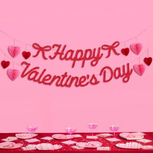 XO, Fetti Happy Valentine's Day Banner - Red Glitter, 6 Ft. | 3D Heart Garland, Girls Bow Dinner Decoration, Vday Party Sign, Galentine's Photoshoot