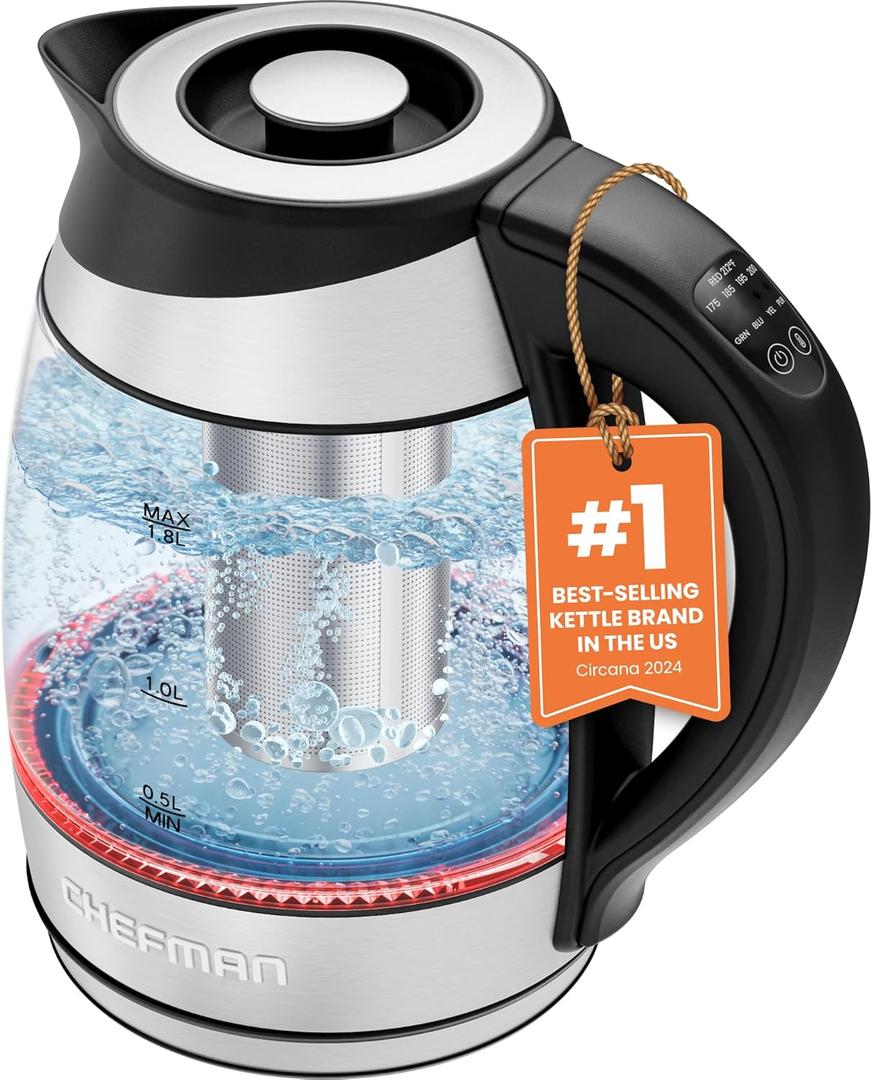 Chefman Electric Kettle with Temperature Control, 5 Presets LED Indicator Lights, Removable Tea Infuser, Glass Tea Kettle & Hot Water Boiler, 360 Swivel Base, BPA Free, Stainless Steel, 1.8 Liters