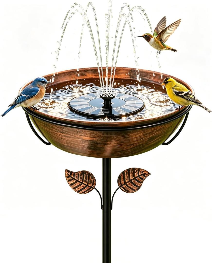 Metal Bird Bath with Solar Fountain for Outside, 3" Deep Removable Birdbaths Bowl with Metal Ground Stake, Easy to Clean Outdoor Bird Bath for Garden Yard Lawn Decor, 1.4 Gallon