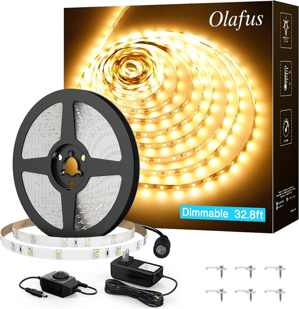 Olafus 32.8ft LED Strip Lights Warm White, Dimmable Soft White Light Strip 3000K with Adhesive Clips, 12V 10M Flexible Led Lights for Bedroom Indoor Kitchen, UL Listed Plug, 600 LEDs 2835