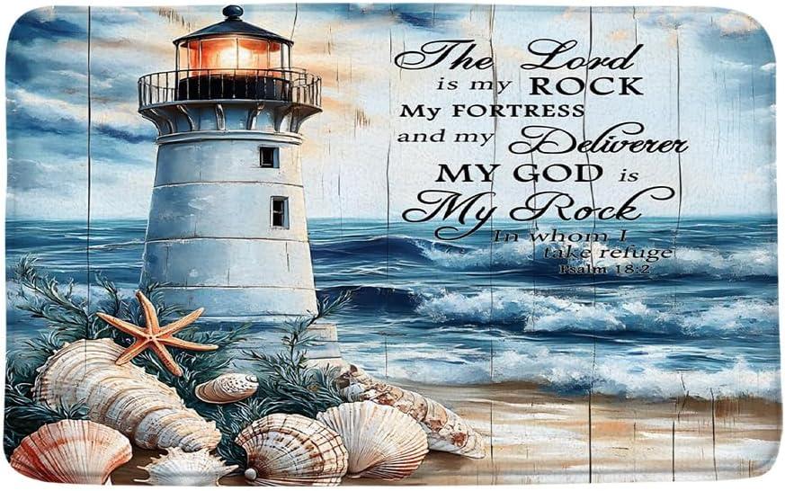 Nautical Lighthouse Bath Mat Summer Beach Coastal Ocean Starfish Seashell Bible Verse Vintage Seascape Microfiber Memory Foam Bathroom Rug Doormat Kitchen Toilet Floor Rug,17.8x29.5 Inch