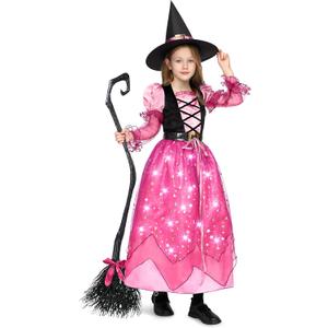 Spooktacular Creations Girls Witch Costume, Light up Witch Costume Kids, Starry Dress for Child Halloween Role Play Parties (Small(5-7 yrs), Pink)