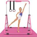 Gymnastic Bars for Kids with Adjustable Height, Folding Gymnastic Training Kip Bar, Expandable Horizontal Bar for Home (Pink with Mat)