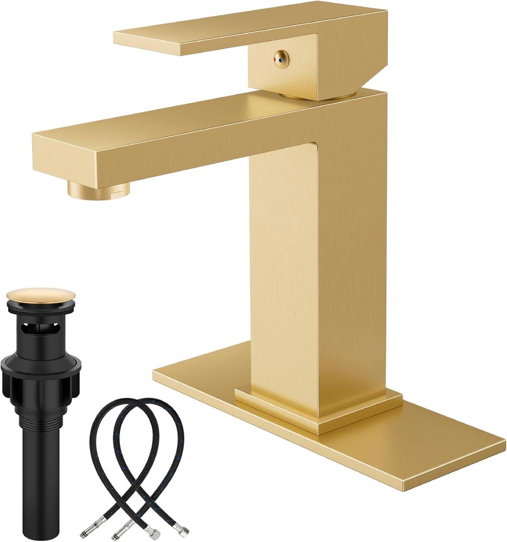 Midanya Bathroom Faucets 1 Hole, Single Handle Stainless Steel Bathroom Sink Faucet, Modern Vanity Faucets with Deck Plate,Water Supply Hoses and Pop Up Drain,Brushed Gold