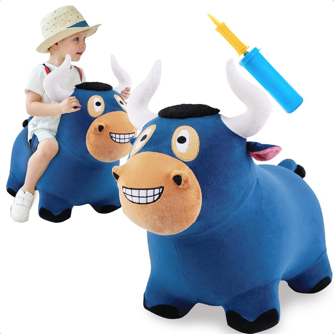 iPlay, iLearn Bouncy Pals Bull Hopping Horse, Plush Inflatable Animal Hopper, Indoor n Outdoor Ride on Jumping Bounce Toys, Birthday Gift for 18 Months 2-5 Year Old Kids Toddlers Boys Girls