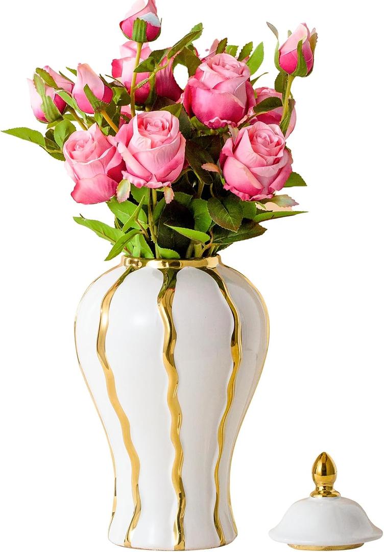 Ginger Jar, White and Gold Ginger Jar with Lid Ceramic Flower Vase for Home Decor, Storage jar, Table Center Vase Temple Jar, Decorative Centerpiece for Home, Living Room(18in