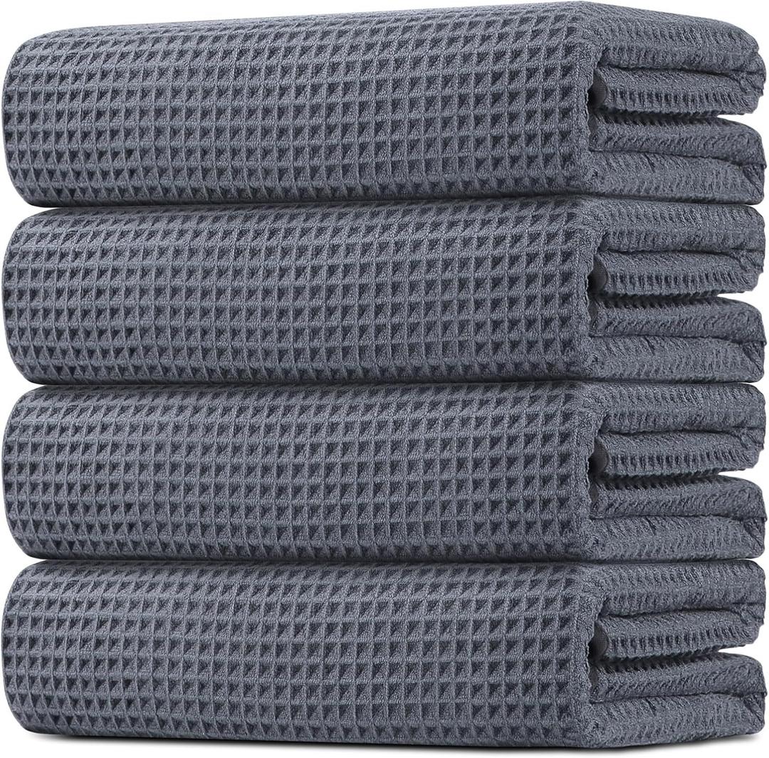 HOMEXCEL Waffle Bath Towels Set 4 Pack, Premium Microfiber Bathroom Towels, Ultra Soft, Lightweight, Highly Absorbent and Quick Dry Towel for Bathroom, Gym, Shower, Hotel, and Spa, 30 x 60 Inch, Grey