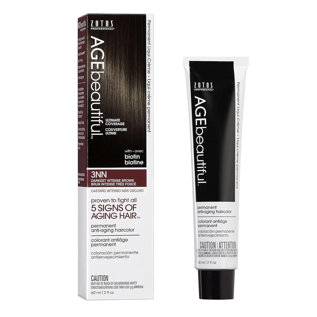 AGE beautiful Permanent Hair Color Dye Liqui Creme | 100% Gray Coverage | Anti-Aging Haircolor | Biotin for Thicker, Fuller Hair | Professional Salon Coloring (3NN Darkest Intense Brown)