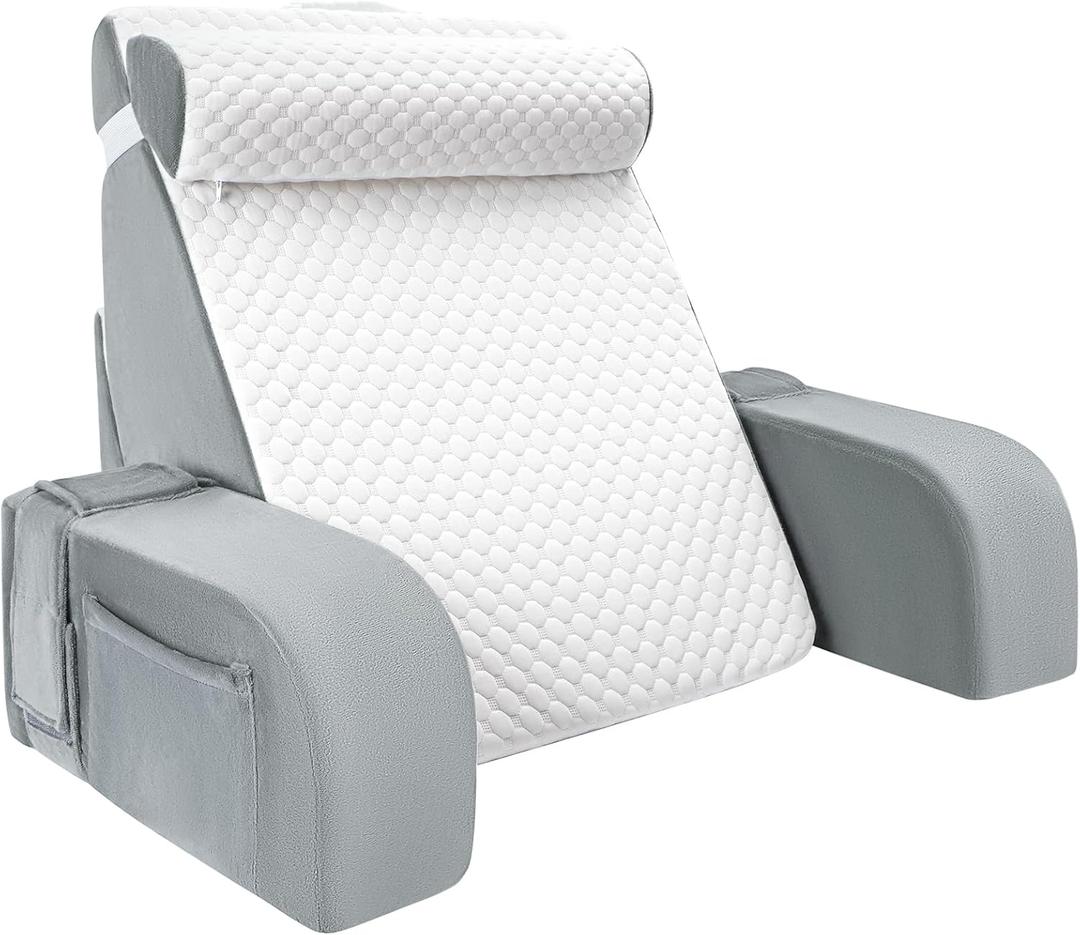LEBENGURU Reading Pillow for Sitting in Bed Adult with Detachable Headrest & Armrests, Back Support Pillow for Watching TV in Floor, Bed Backrest Pillow for Working/Relaxing/Gaming White and Grey