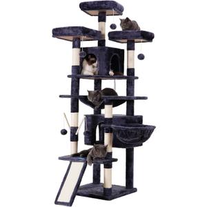 Hey-brother Cat Tree, 71 inches XL Large Cat Tower for Indoor Cats, Multi-Level Cat House with 3 Padded Perches, Big Scratcher, Cozy Basket, 2 Cat Condos and Scratching Posts, Smoky Gray MPJ034G