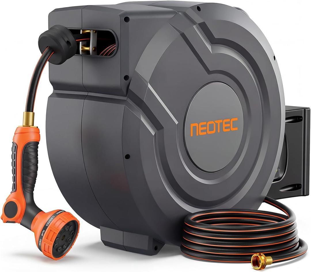 Retractable Garden Hose Reel 90 ft x 5/8 inch Automatic Slow Return 9 Sprayer Nozzle Any Length Lock Heavy Duty Wall-Mounted Hose Reels for Outside 180 Swivel UV Resistant