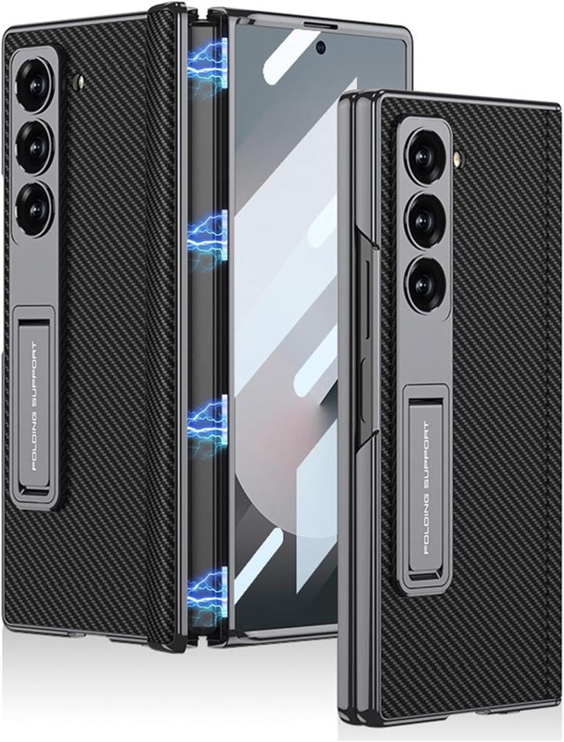Miimall for Samsung Galaxy Z Fold 6 Case with Magnetic Hinge Protection, Screen Protector & Kickstand, [Wireless Charging] Slim PU Leather Protective Phone Cover for Z Fold6 5G Carbon Fiber Black