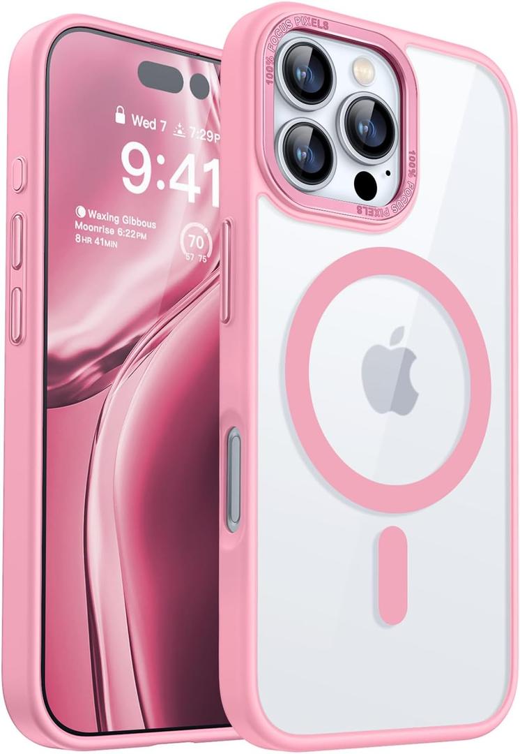 CANSHN Clear Magnetic Compatible with iPhone 16 Pro Case [Compatible with Magsafe] [Not Yellowing] Slim Thin Shockproof Protective Bumper Phone Case Cover 6.3 Inch - Pink