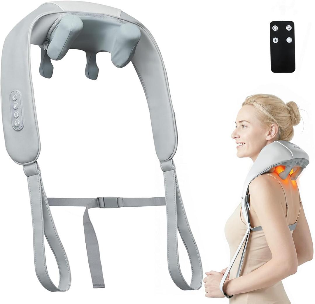 Cordless Neck Massager with Heat for Pain Relief,6D Kneading Shiatsu Neck and Shoulder Massager Deep Tissue with Remote,Use at Home, Office, Car - Gifts for Mothers Fathers Day(White Gray)