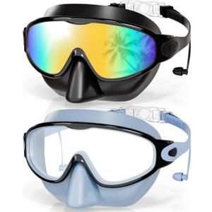Aegend Swim Goggles with Nose Cover, 2 Pack Wide View Swimming Mask Anti-Fog/UV (Small for Kids, 04-black & Light Blue)