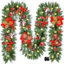 Christmas Garland with Lights, 9FT 30 LED Prelit Christmas Garland for Mantle,Outdoor Indoor Christmas Decorations Garland Battery Operated with Timer, Bows,Flowers,for Stairs,Railing,Fireplace,Door