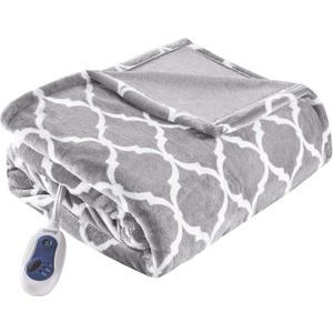 Beautyrest Ogee Printed Plush Electric Blanket for Cold Weather, Fast Heating, Auto Shut Off, Virtually Zero EMF, Multi Heat Setting, UL Certified, Machine Washable, Grey Oversized Throw 60x70