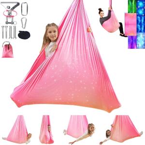 Sensory Swing for Kids and Adults Indoor & Outdoor Double Layer Therapy Cuddle Holds up to 300lbs Adjustable Hammock Chair with 360 Swivel Hanger Kit Effect for Aspergers Autism ADHD(Fantasy Pink)
