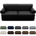 Pfrstuv 3-Pieces T Cushion Sofa Slipcovers Leather Look Couch Cover for 2 Cushion Couch Furniture Protector Stretch Sofa Cover with 2 Individual T Cushion Seat Covers Washable, Black