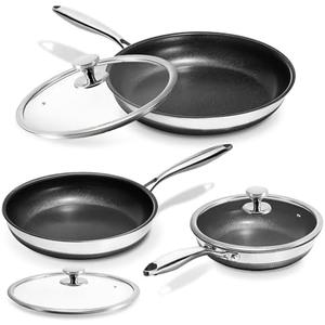 KOKHUB Nonstick Frying Pans with Lids, 8", 10", 12" Titanium Ceramic Tri-Ply Stainless Steel Skillet Set, Non-Toxic, PFAS/PFOA/PTFE Free, Dishwasher & Oven Safe, Induction Compatible